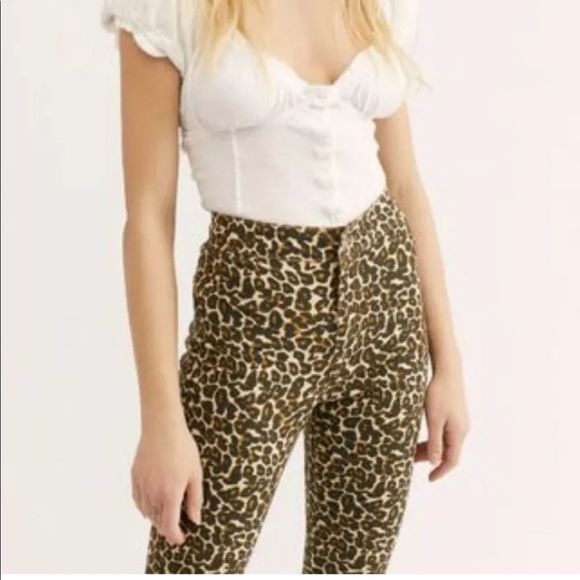 Free People Skinny Stretch Jean Leopard Tan Black 31 - Picture 3 of 5